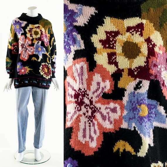 Heldere bloemen trui jaren 90 oversized trui hand gebreide Oversized 90s gebreide vintage hippie trui | Kleding Online