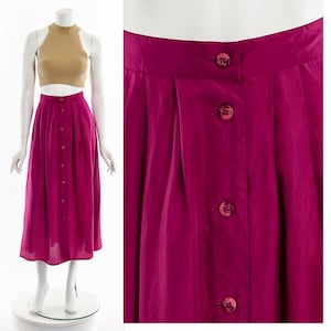 Hibiscus Pink Silk Button Up Midi Skirt 90s