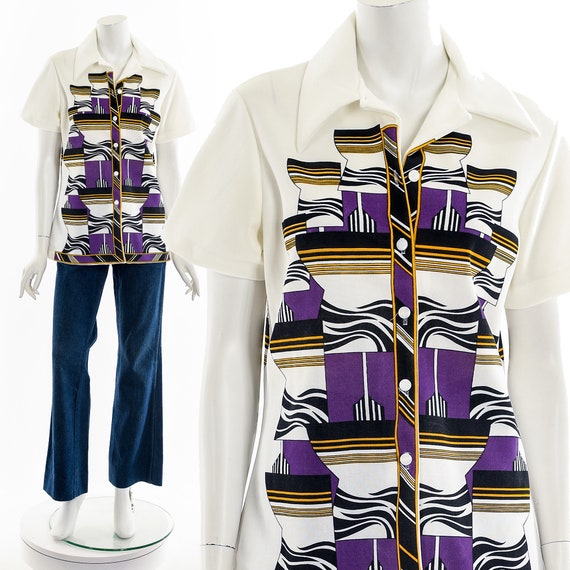 Psychedelic All Over Print Button Down Top - image 2