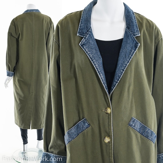 Green Denim Duster,Vintage 80s Army Green Denim Du