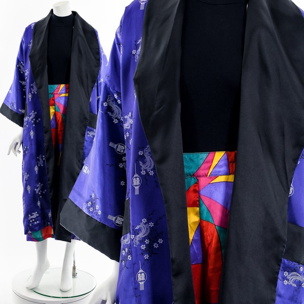 Kimono Japonais Réversible 2 En 1 - Satin Rouge & Noir - Taille Unique Vintage - Inspiration Asiatique