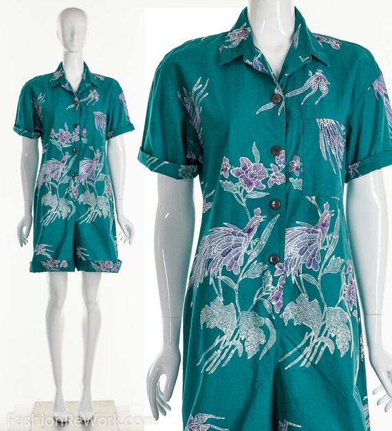 Tropical Playsuit, Batik Romper, 80's Jumpsuit, Ha