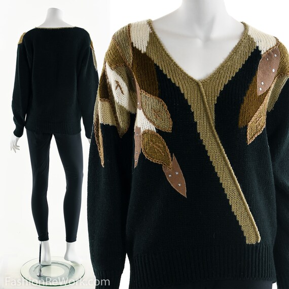 Leaf and Feather Sweater, Vintage Black Sweater, … - image 2