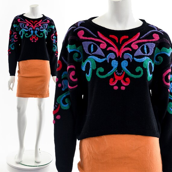 Rainbow Embroidered Wearable Art Wool Sweater - image 2