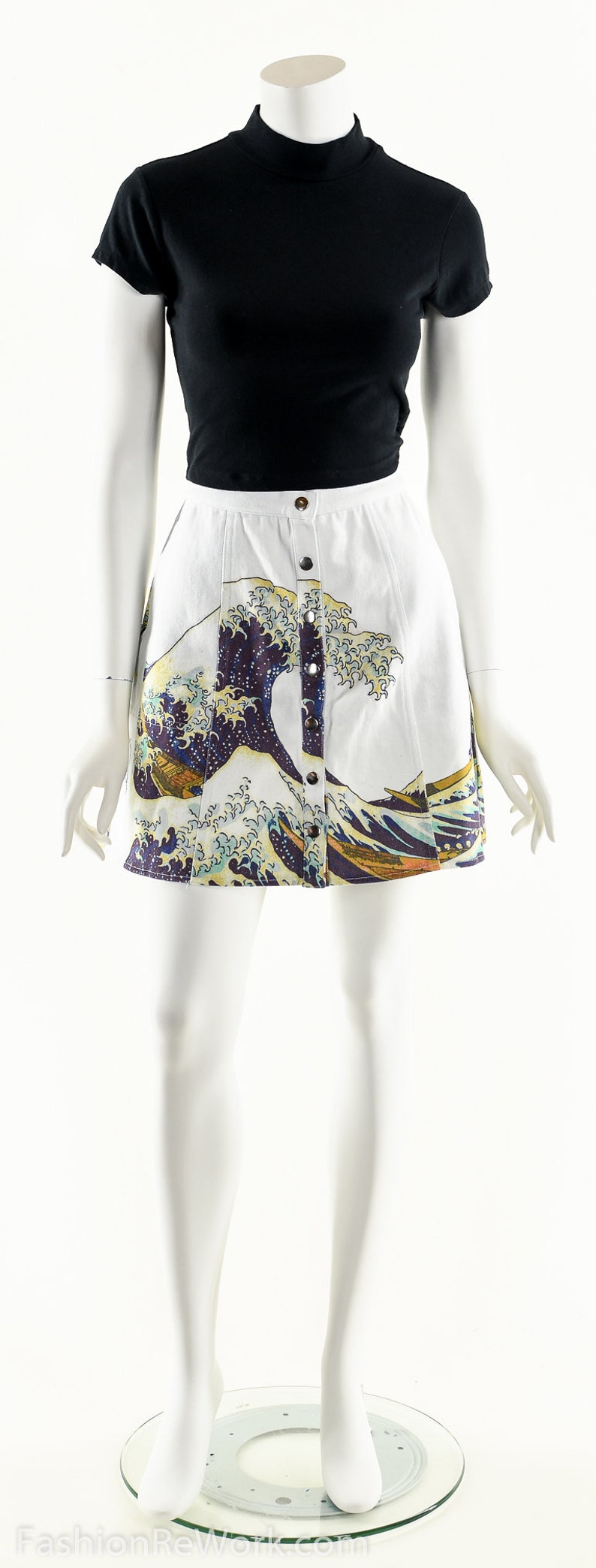The Great Wave Skirt,90s Snap Front Skater Mini Skirt,90s Club Kid Skirt,Art Print Skirt,The Great Wave Off Kanagawa,Hokusai,Japanese Wave