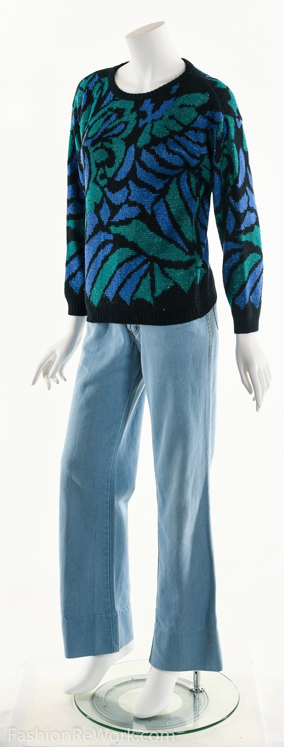 Abstract Peacock Metallic Funky Sweater 80s 90s - image 7