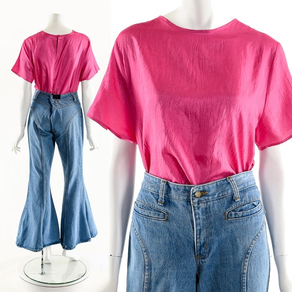 Pink Silky Blouse,Hot Pink Top,Silk Boxy Blouse,V… - image 3