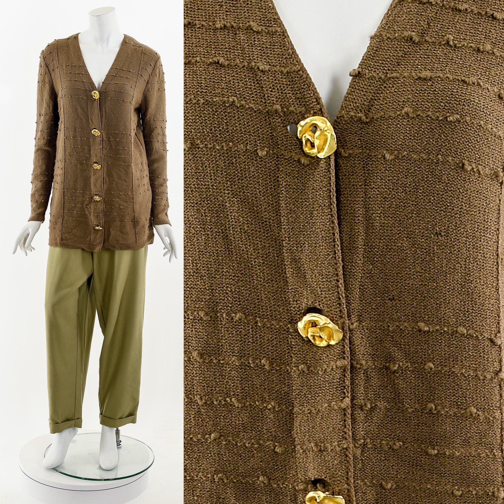 Nubby Knit Brown Cardigan With Gold Rose Metallic Buttons - Etsy