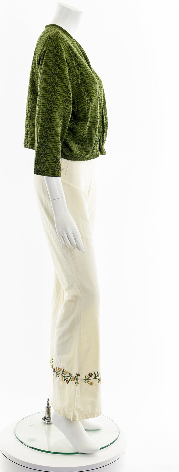 Green Woven Open Cropped Cardigan - image 5