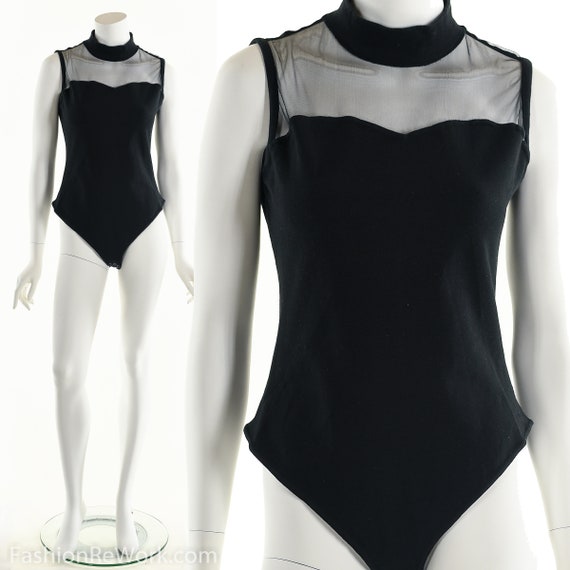 Black Sleeveless Mesh Bodysuit, Black Bodysuit, 90