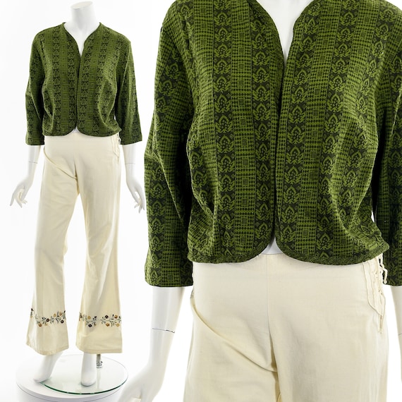 Green Woven Open Cropped Cardigan - image 1