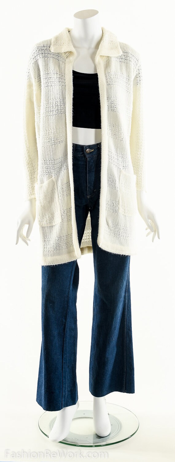 70s White Knit Sweater Duster Cardigan - image 8