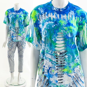 80s rock band shirt,Slashed Airbrushed Tee,Vintage Blue Ripped Tshirt,Workout Gym Tshirt,Sexy Gym Shirt,Dance Shirt,80s Party Shirt,Green