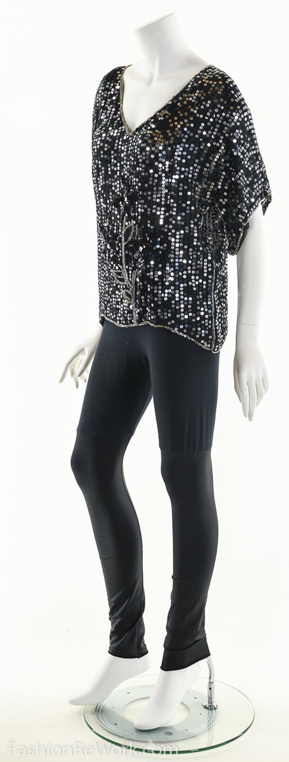 Sequin Silk Blouse, Floral Sequin Top, Beaded Sil… - image 6