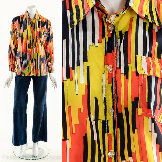 Novelty Print Button Down Blouse, 70’s Funky Abst… - image 2