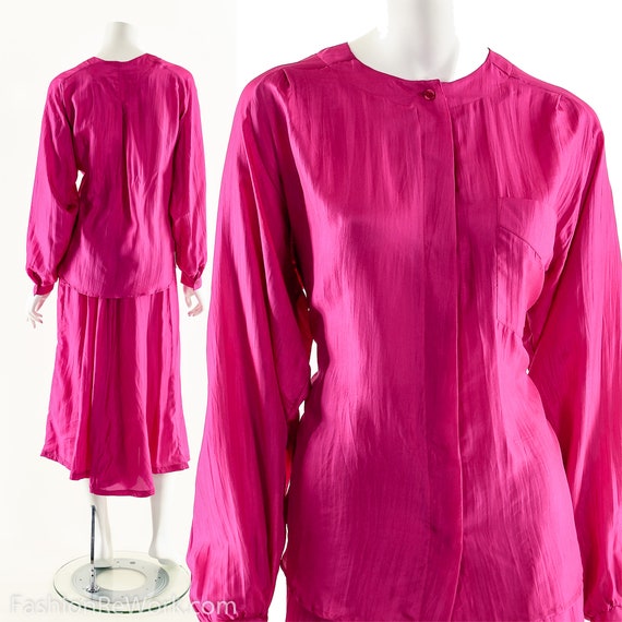 Silk Two Piece Dress Set,Magenta Silk Dress,80s V… - image 1