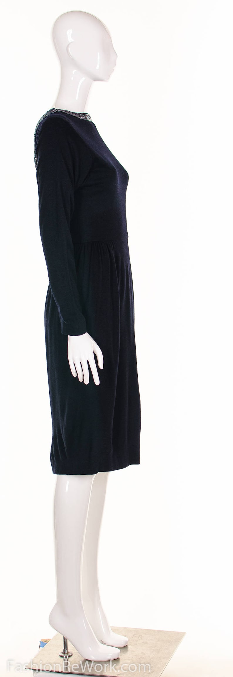 Vintage 50's Black Beaded Dress Plunging Neckline Black Wool Knit Dress Low Back Vixen Wiggle Dress Button Up Bombshell Retro Pin Up Dress S image 8