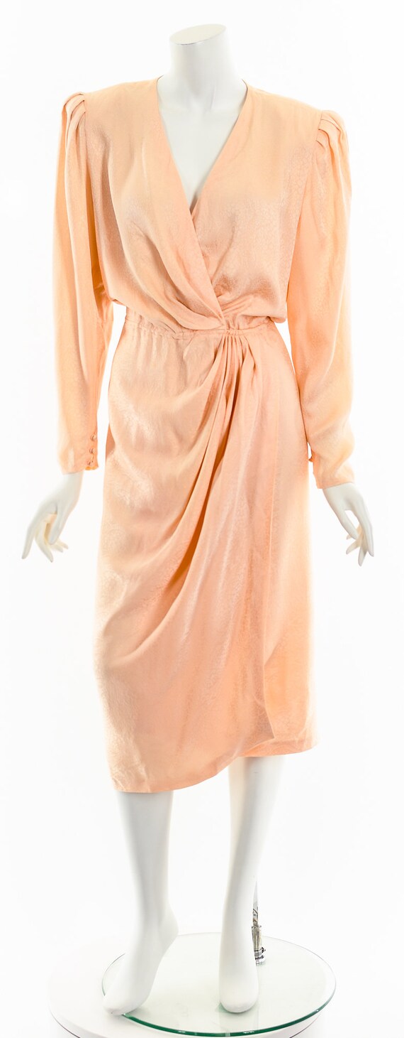 Peachy Pink Asymmetric Drape Silk Wrap Dress - image 4