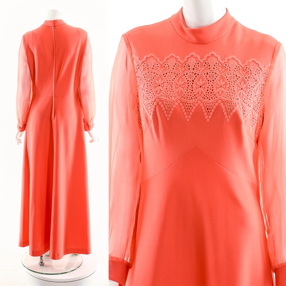 Coral Lace Chiffon Dress,60s Pink Orange Dress,Ba… - image 3