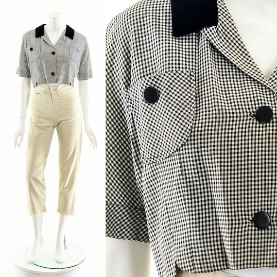 40s Gingham Cropped Jacket,Black Gingham Jacket,V… - image 1