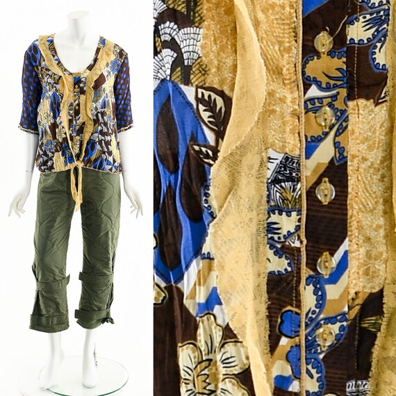 Wearable Art! Mixed Print Ruffle Chiffon Blouse
