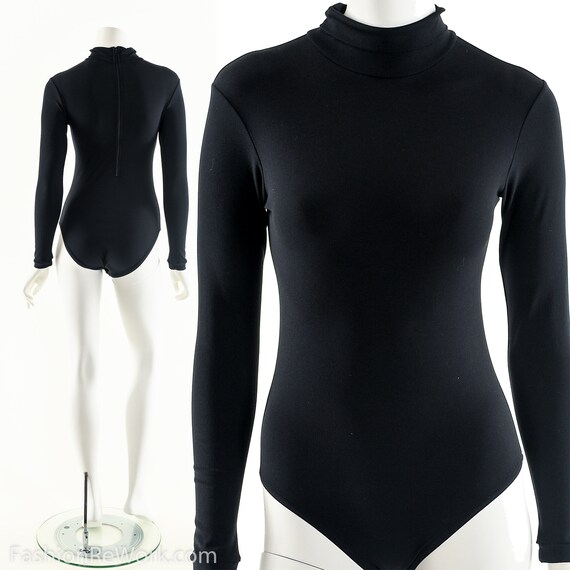 70s Black Bodysuit,Turtleneck Bodysuit,Long Sleeve