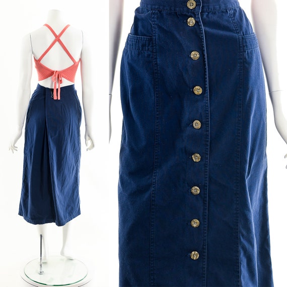 Navy Button Up Midi Skirt,Blue Sexy Button Skirt,… - image 2