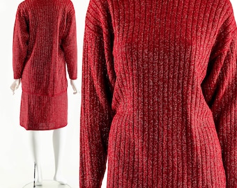 Knit Metallic Two Piece Set,Vintage Dress Set,Vintage Dress Suit,Skirt Sweater Top,Vintage 80s Knit,Minimalist Sparkling Red Dress,Metallic