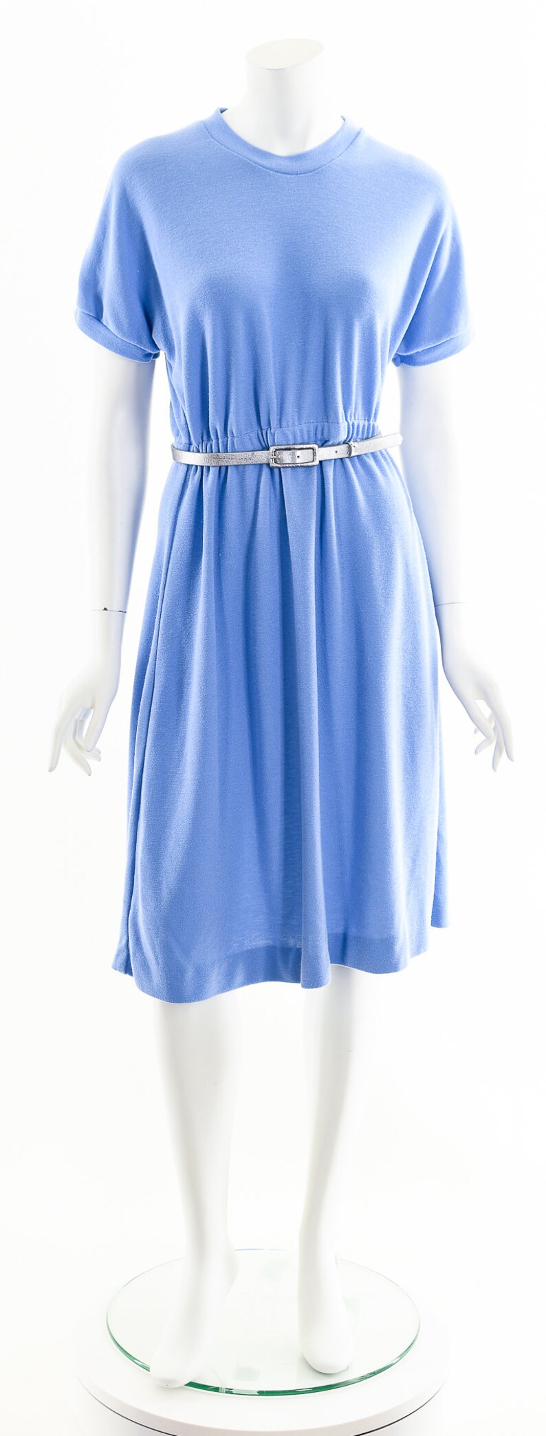 blue knit tshirt dress,80s knit fit and flare dress,mock neck dress, image 4