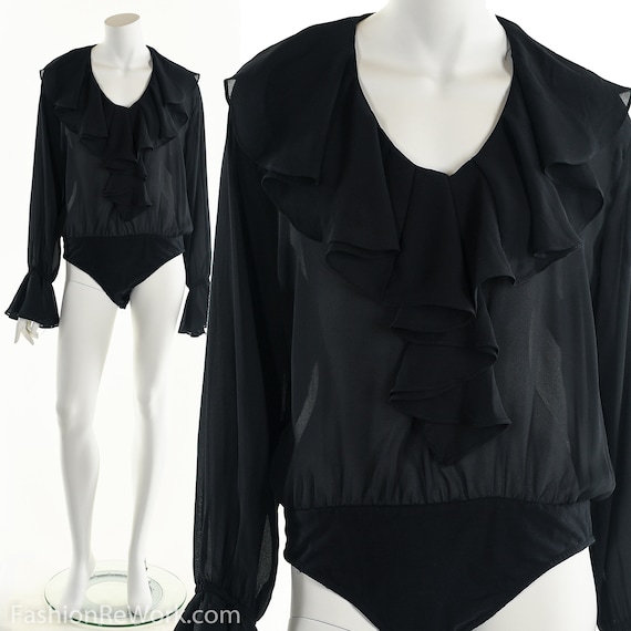 Black Ruffle Bodysuit, Vintage 90's bodysuit, Prin