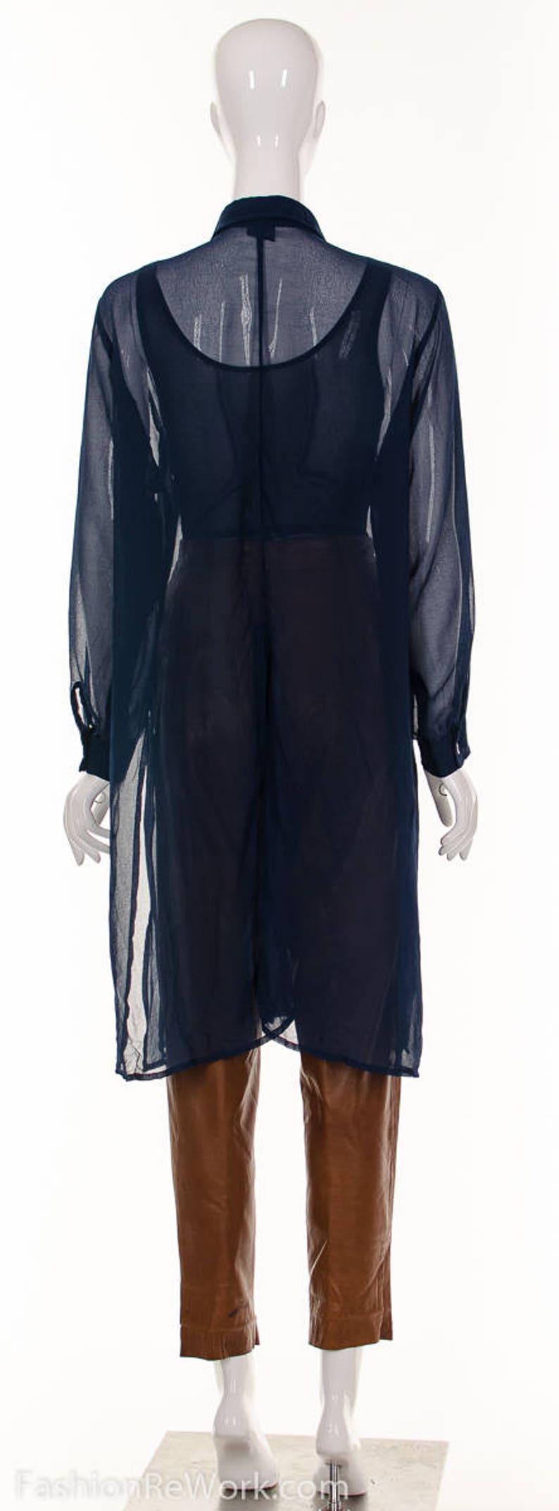 90's Navy Blue Sheer Long Duster Blouse Ethereal Blue Semi Sheer Button Down Top Diaphanous Floating Top Small Medium image 5