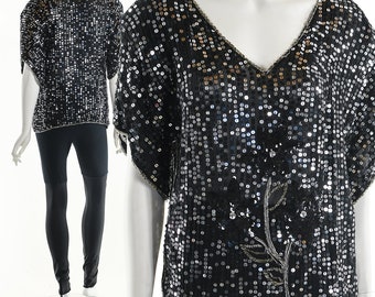 Sequin Silk Blouse, Floral Sequin Top, Beaded Silk Top,Black Sequin Blouse,Vintage 70’s Silk Blouse,Sparkle Shimmer Blouse,Festival