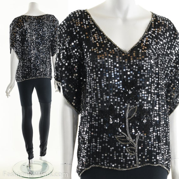 Sequin Silk Blouse, Floral Sequin Top, Beaded Sil… - image 1