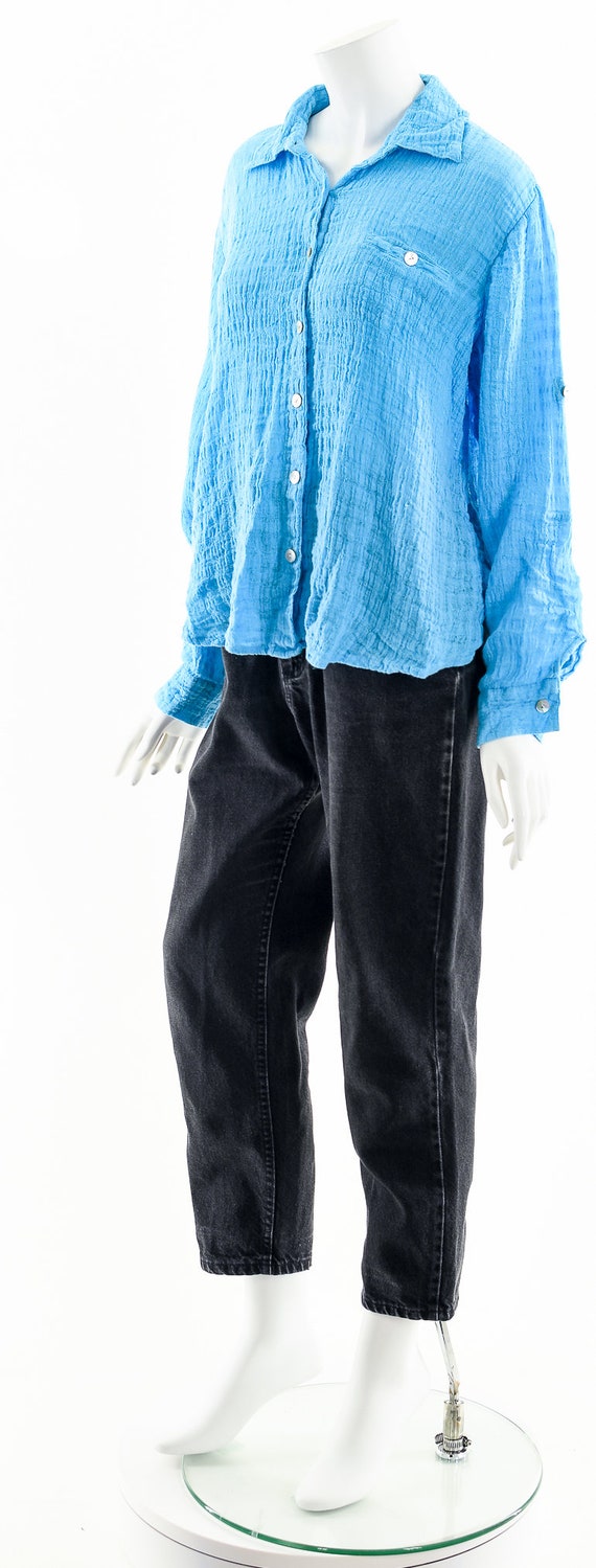 Aqua Blue Linen Button Down Blouse - image 10