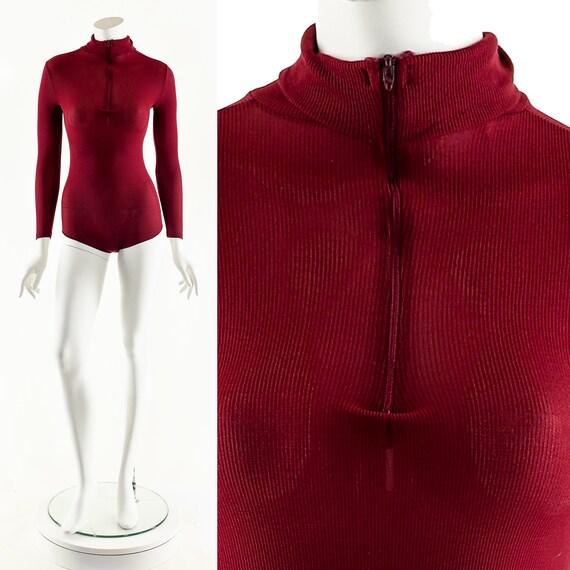 70's Dark Red Bodysuit,Long Sleeve Collared Bodys… - image 3