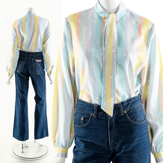 PASTEL RAINBOW Blouse,Striped Polka Dot Top,Vinta… - image 3