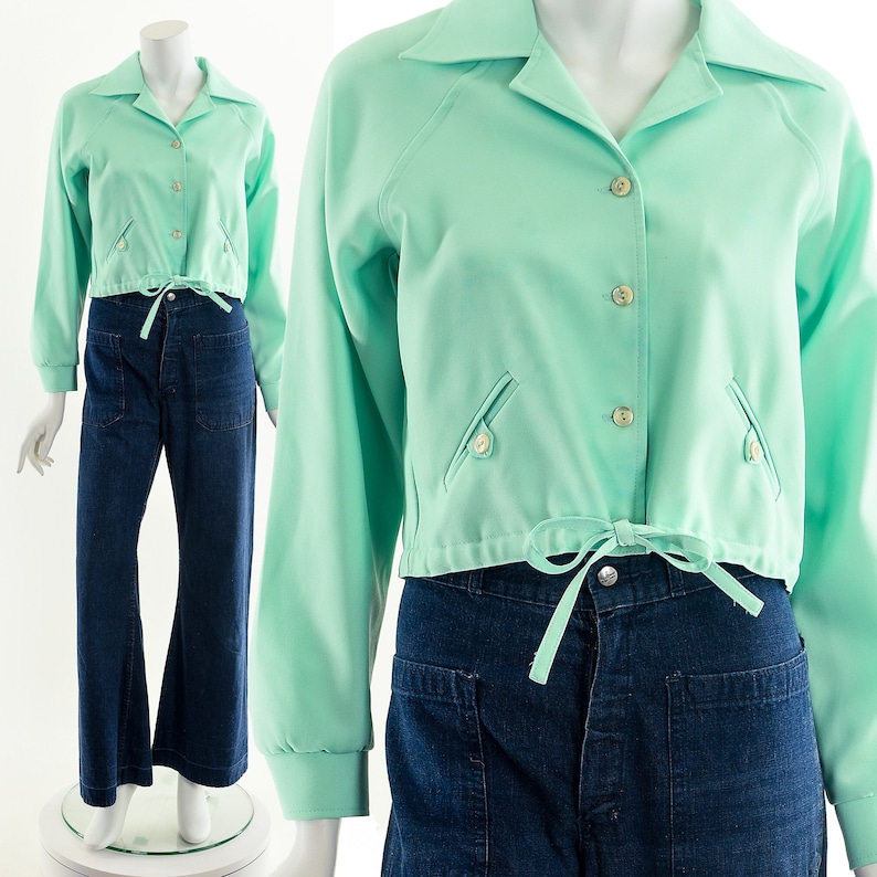 Mint Green Cropped Jacket, Vintage Crop Top, Button Up Crop Top,Vintage Cropped Jacket, Vintage Giggles Jacket,60s 70s Cropped Jacket, image 1