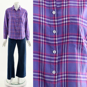 Purple Plaid Button UP,Purple Pink Plaid Shirt,Windowpane Plaid Shirt