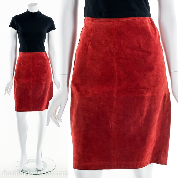 Red Skirt, Red Pencil Skirt, Patchwork Leather Pe… - image 1