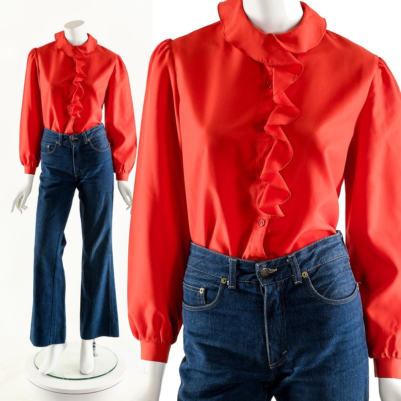 Balloon Sleeve Blouse,Puffy Shoulder Blouse,Cherry Red Top,Peter Pan Collar,Peter Pan Blouse,Romantic Ruffle Top, Bianca Jagger Style image 1