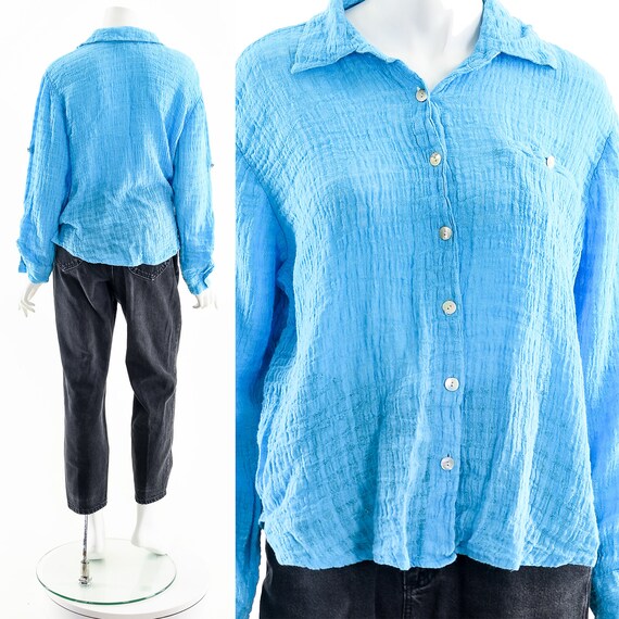 Aqua Blue Linen Button Down Blouse - image 3