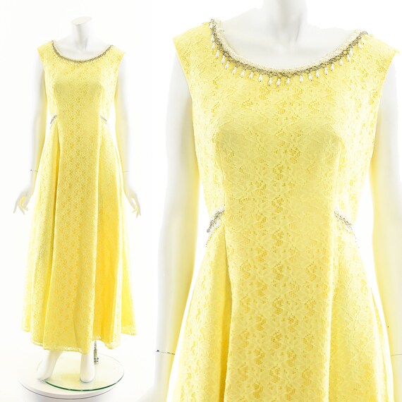 Lemon Yellow Maxi Dress,Yellow Lace 60s Dress,Lon… - image 2