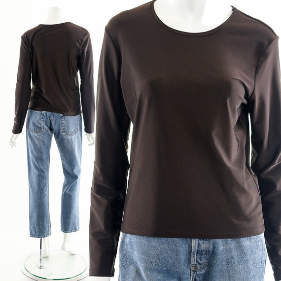 Stretchy Brown Long Sleeve Top,Brown Vintage Shir… - image 2