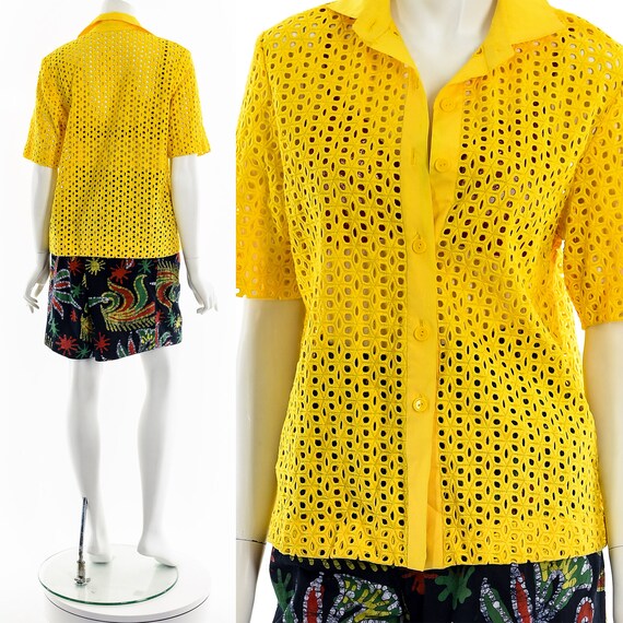 Bright Yellow Button Up Eyelet Top - image 2