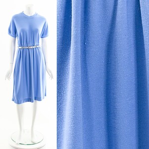blue knit tshirt dress,80s knit fit and flare dress,mock neck dress, image 3
