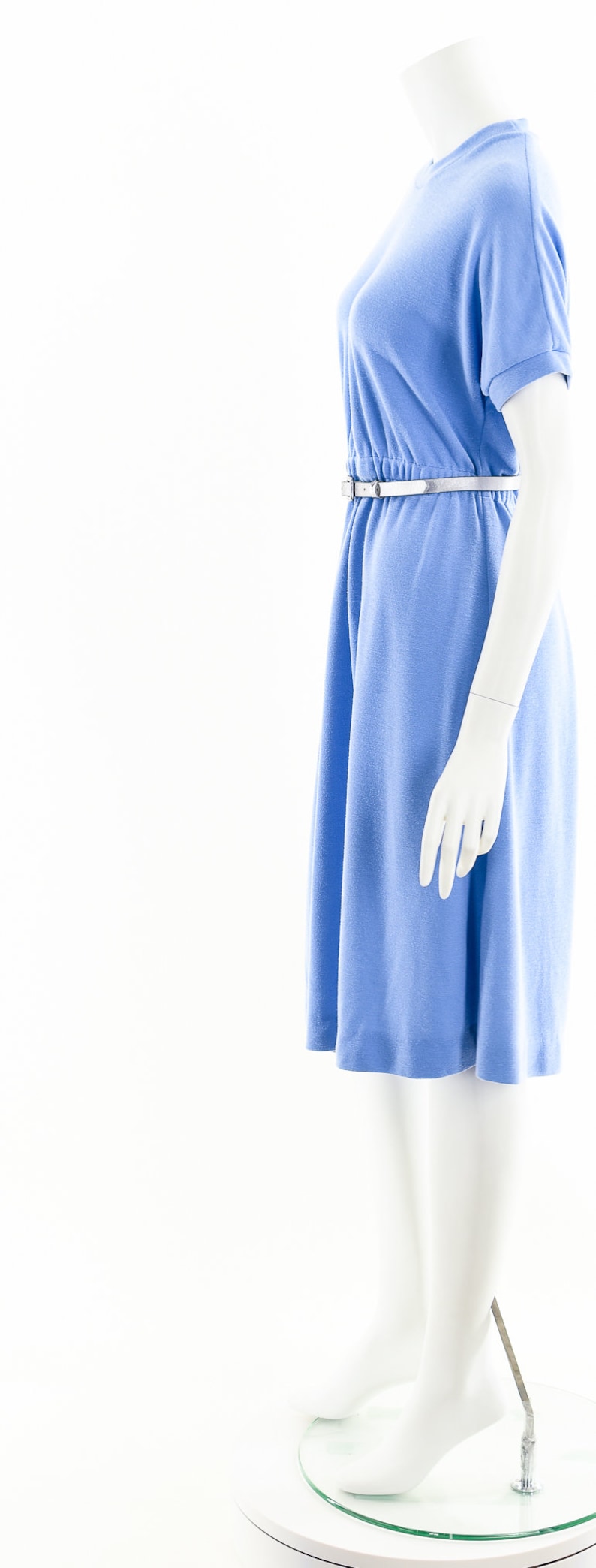 blue knit tshirt dress,80s knit fit and flare dress,mock neck dress, image 9