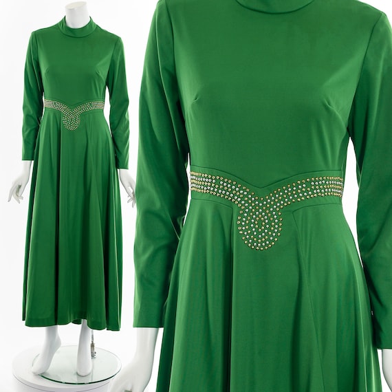60's Kelly Green Studded Maxi Dress - image 1