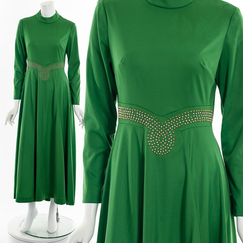 60's Kelly Green Studded Maxi Dress image 1