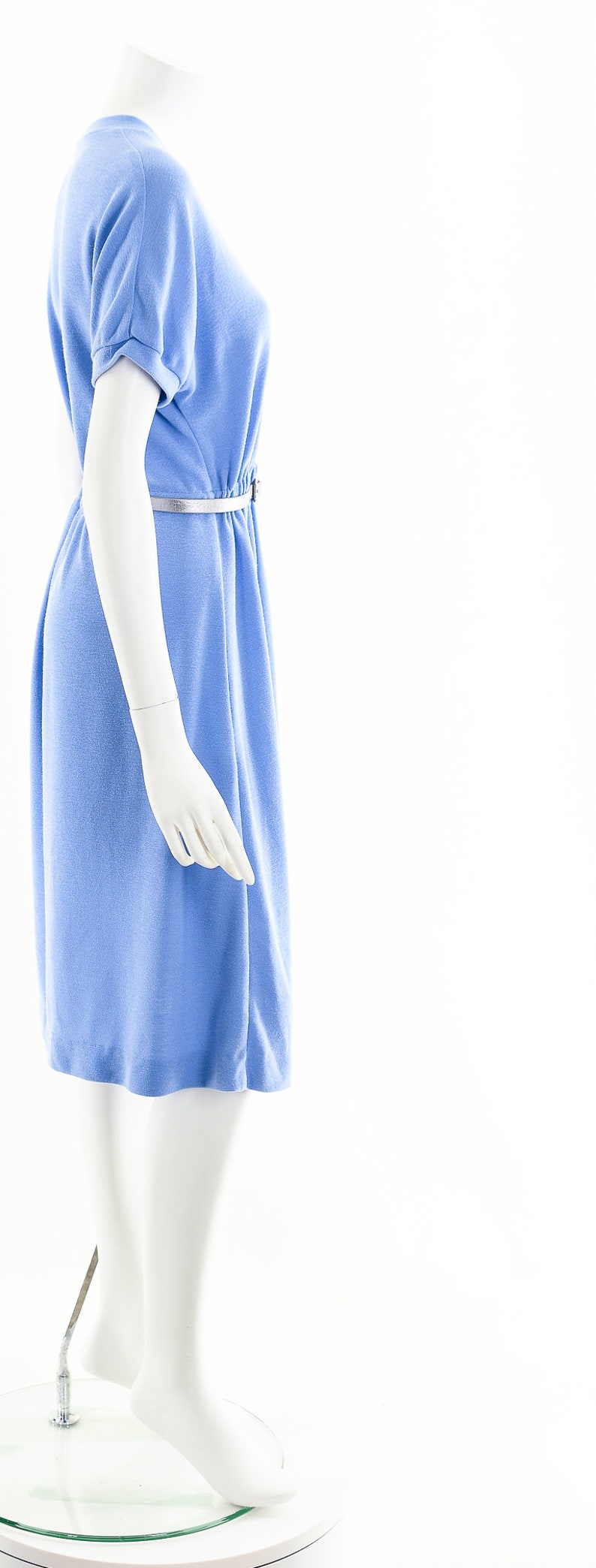 blue knit tshirt dress,80s knit fit and flare dress,mock neck dress, image 5