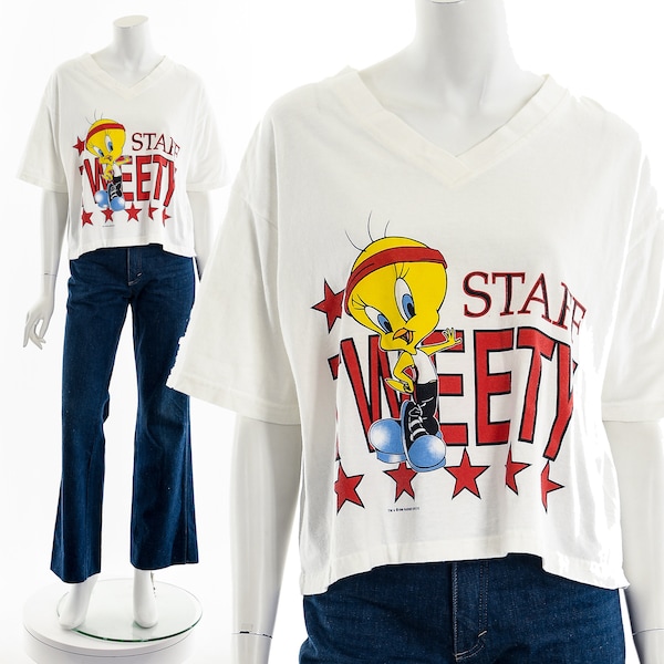 Staff Tweety Bird Looney Tunes Cartoon Vintage Crop Top 80s 90s